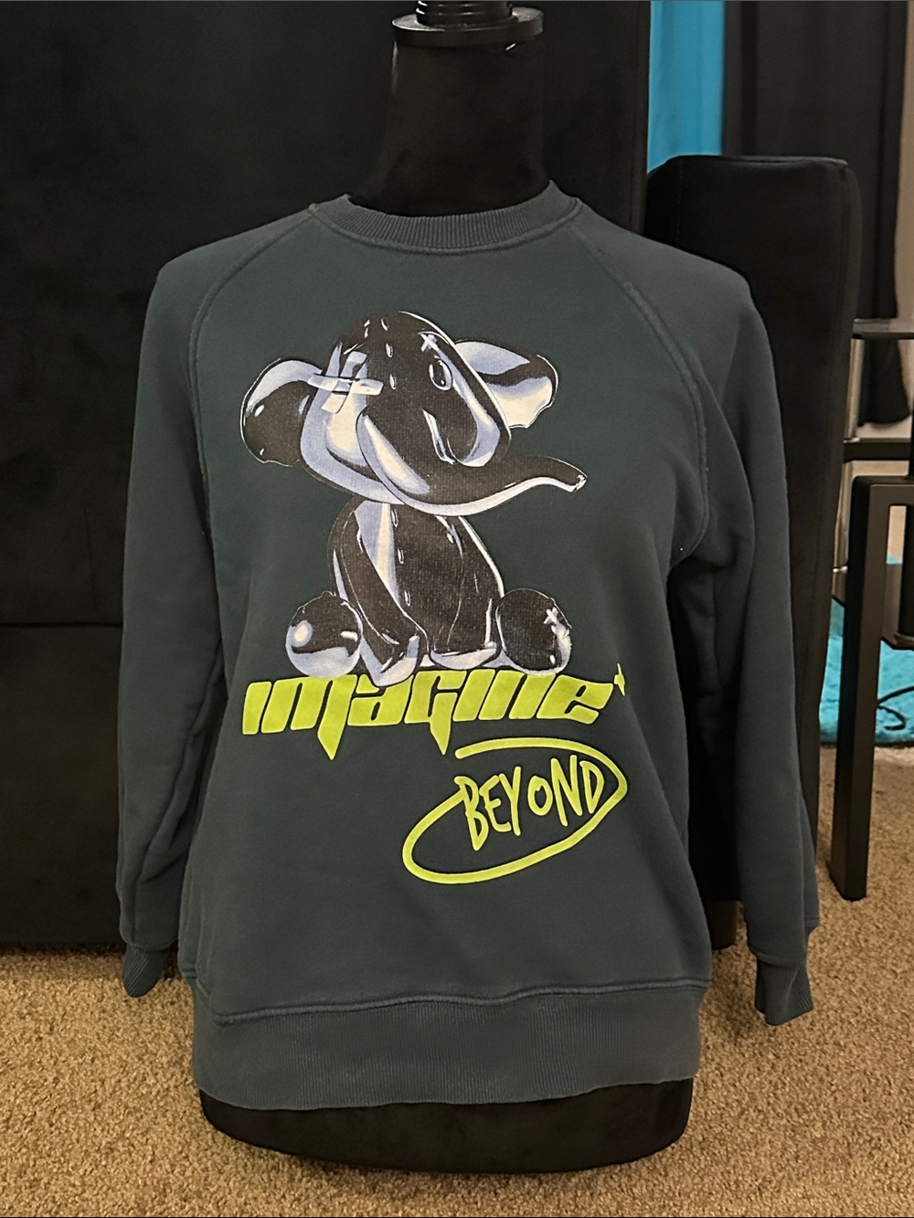 Zara Slate Blue Pullover Sweatshirt with Neon Yellow Graphic Elephant